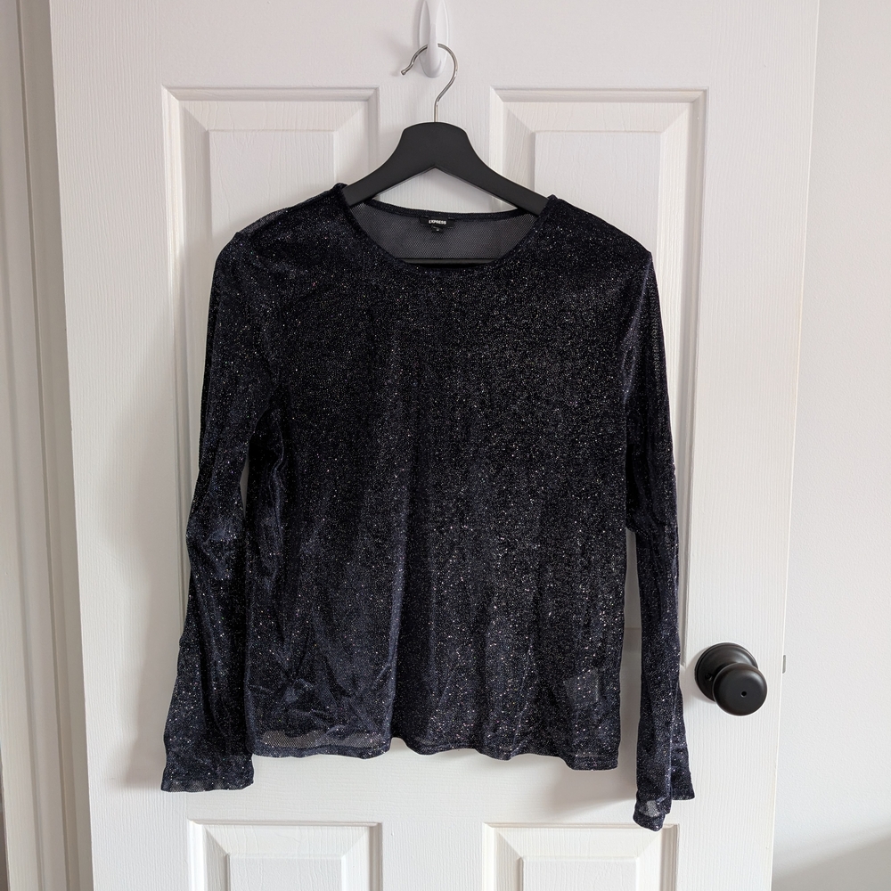 Express Women's Navy Blue Sparkle Long-Sleeve Top Medium